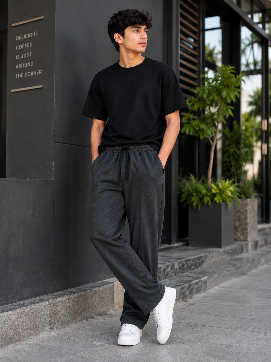 Charcoal Drawstring Elastic Waist Tapered Trousers