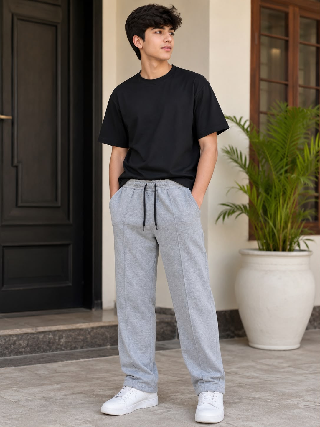 Grey Drawstring Elastic Waist Tapered Trousers
