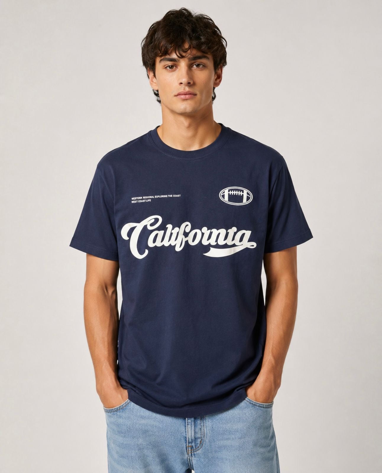 California Script Football Graphic Tee — Navy Blue