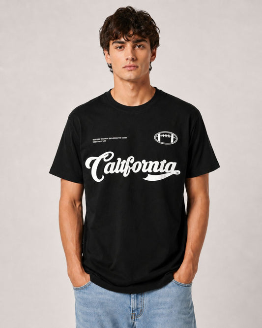 California Script Football Graphic Tee — Black