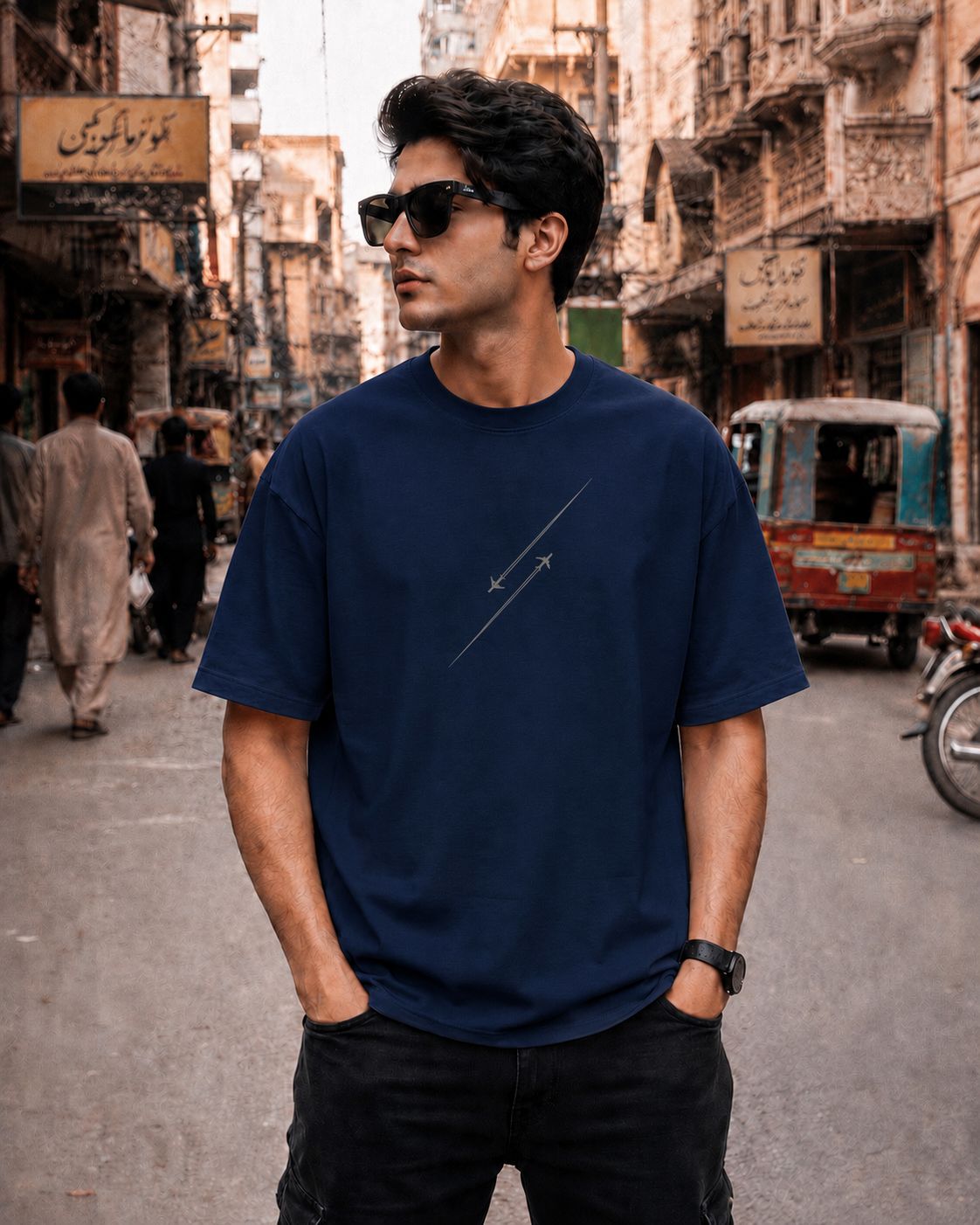 Minimalist Arrow Graphic Tee — Navy Blue