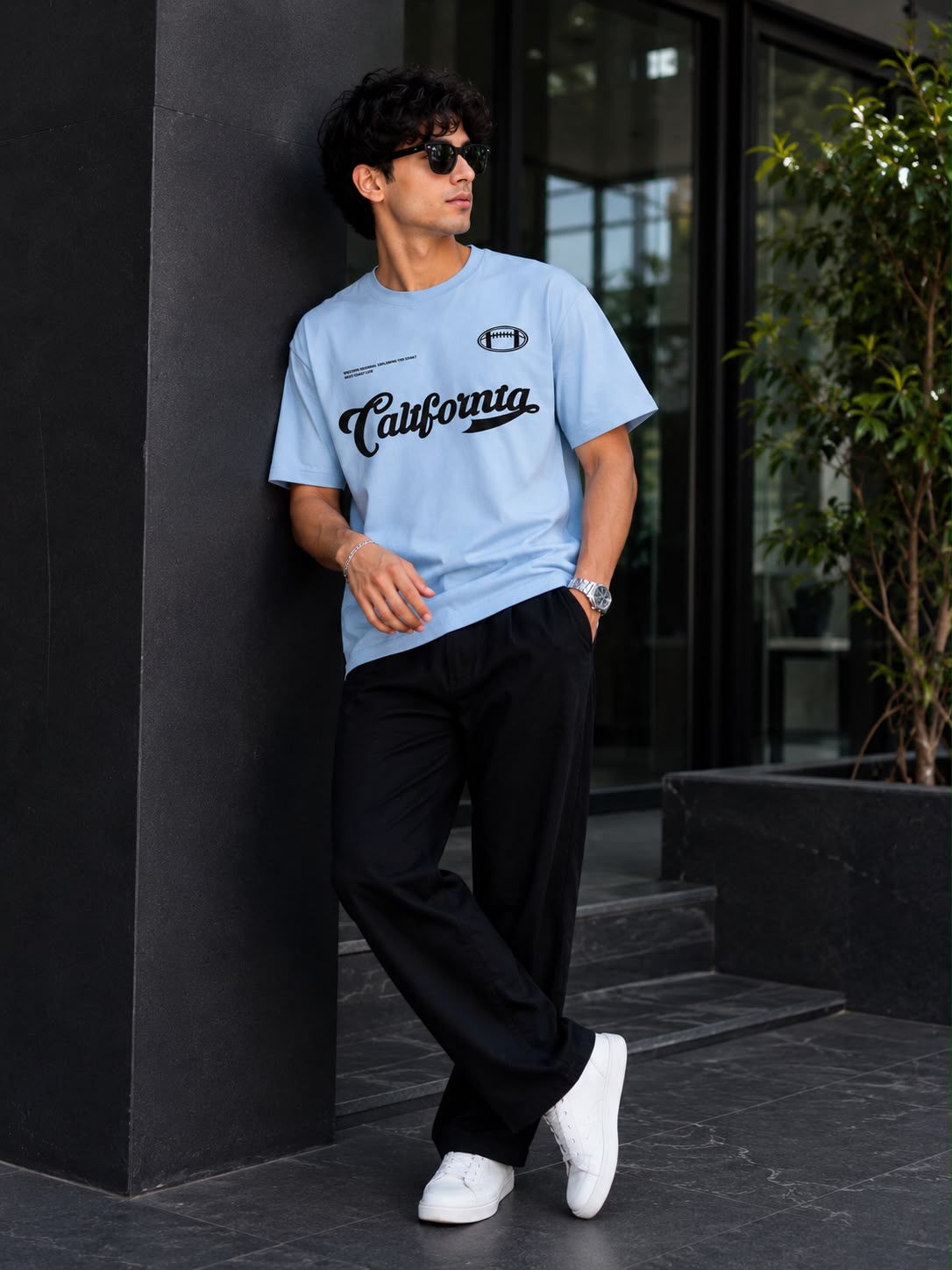 California Script Football Graphic Tee — Light Blue