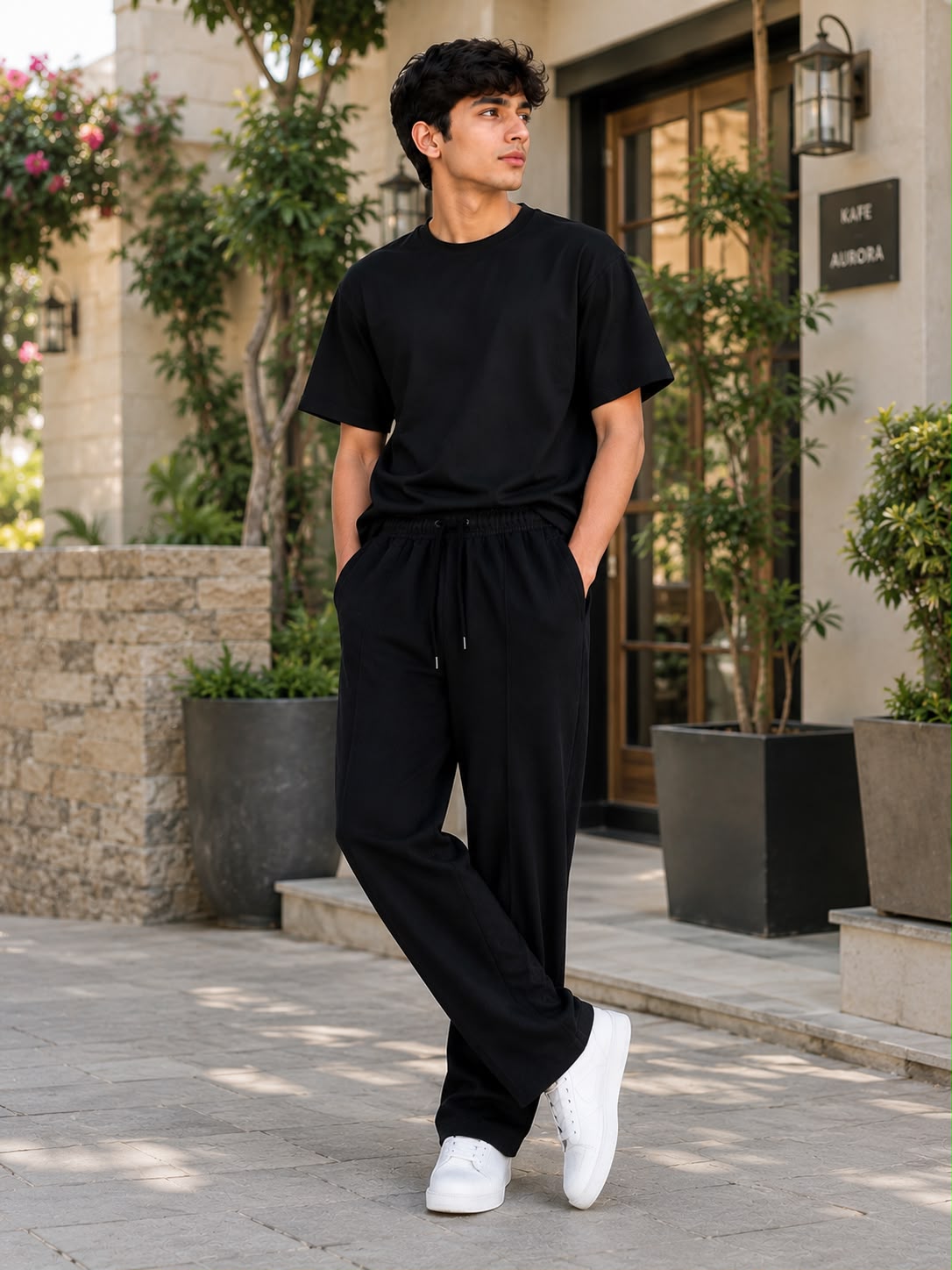 Black Drawstring Elastic Waist Tapered Trousers